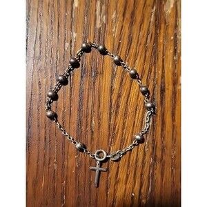 Sterling Silver Beaded Cross Bracelet Youth Small 6.75' Italy Vtg